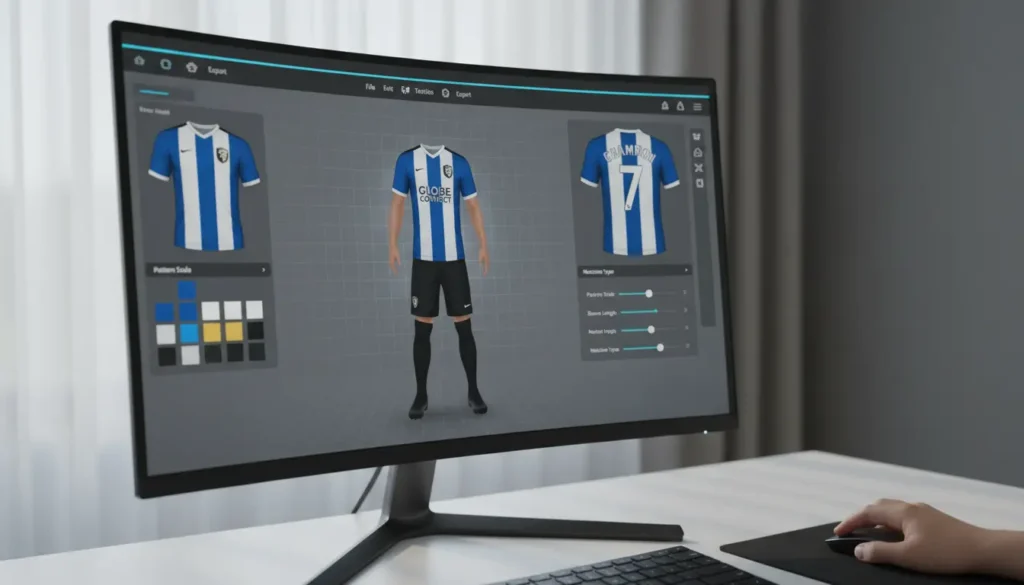 Custom football kit design mockup with player names, numbers, and badge for UK clubs.