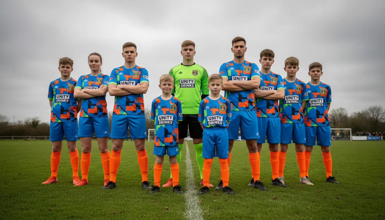 Custom football kits for UK clubs, including youth and adult players, standing on a grassroots football pitch.