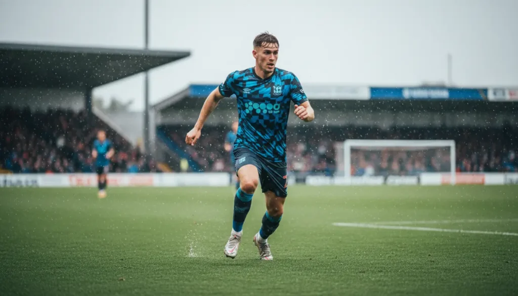 Custom football kit designed for UK weather conditions with breathable performance fabric during match play