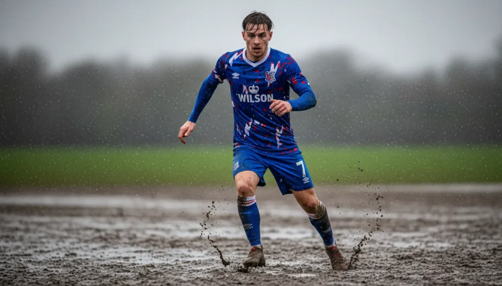 Durable custom football kit in UK wet and muddy football conditions, showing breathable fabric.
